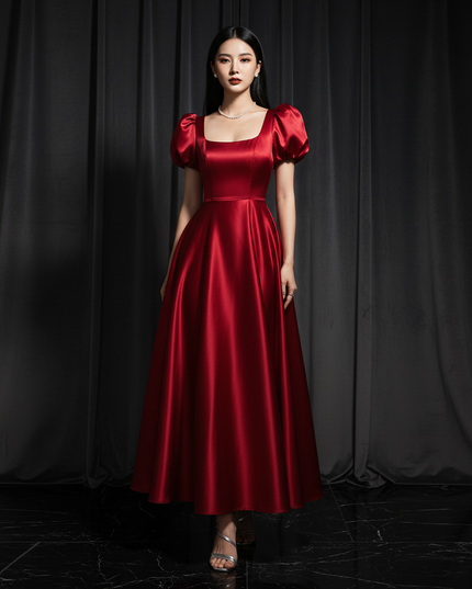 Satin Kleid - Satin Abendkleid Puffarmel - A-Linie Groessen S-3XL - Ansicht 1