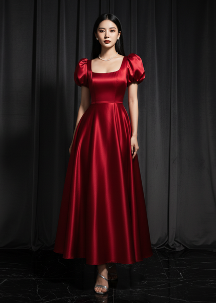Satin Kleid - Satin Abendkleid Puffarmel - A-Linie Groessen S-3XL - Ansicht 1
