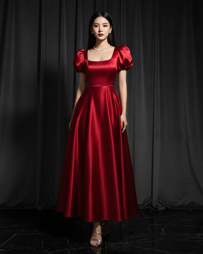 Satin Kleid - Satin Abendkleid Puffarmel - A-Linie Groessen S-3XL - Ansicht 1