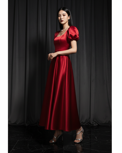 Satin Kleid - Satin Abendkleid Puffarmel - A-Linie Groessen S-3XL - Ansicht 3