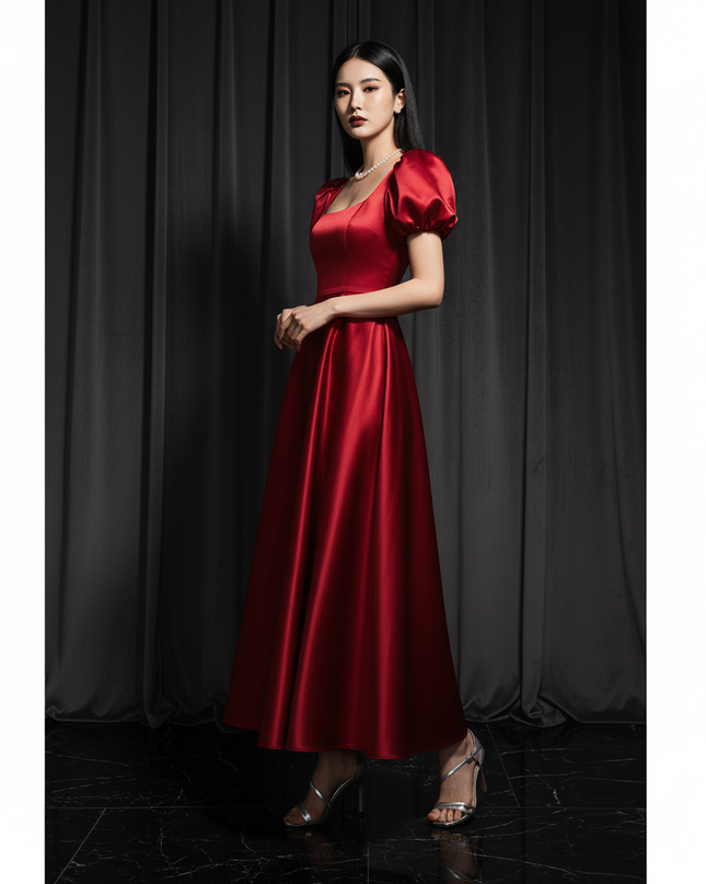 Satin Kleid - Satin Abendkleid Puffarmel - A-Linie Groessen S-3XL - Ansicht 3