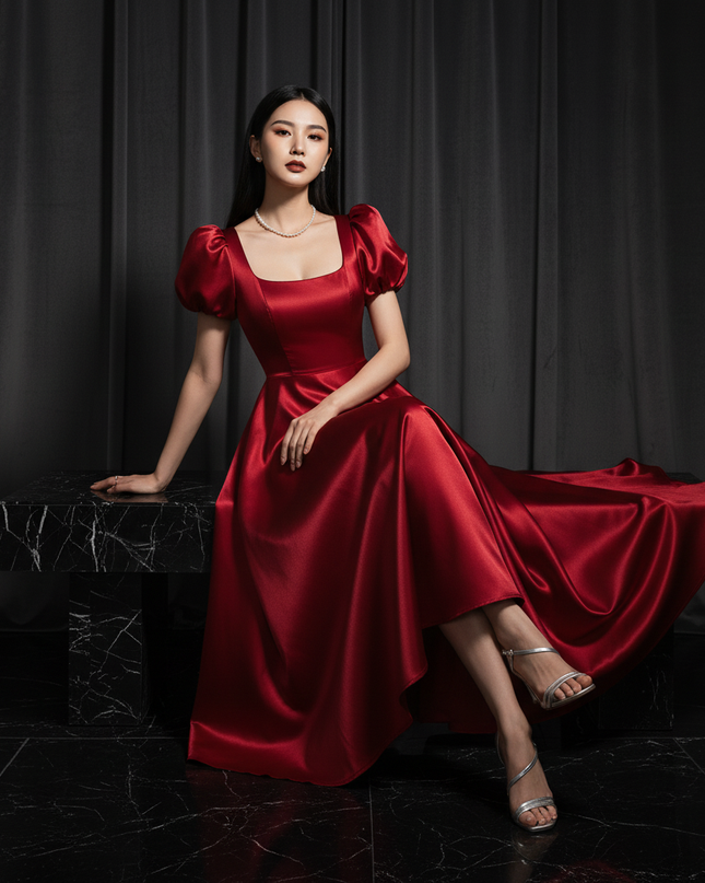 Satin Kleid - Satin Abendkleid Puffarmel - A-Linie Groessen S-3XL - Ansicht 5