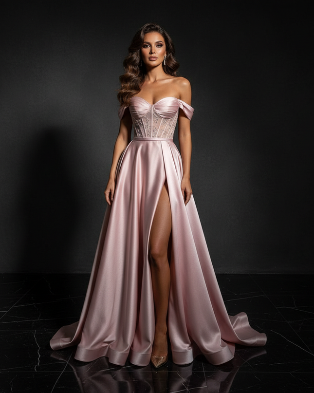 Satin Kleid Pink - Abendkleid Rosa Off-Shoulder Corsage A-Linie Satin - Ansicht 1