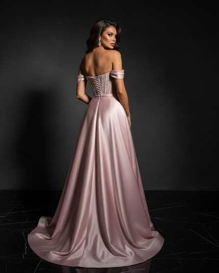 Satin Kleid Pink - Abendkleid Rosa Off-Shoulder Corsage A-Linie Satin - Ansicht 2