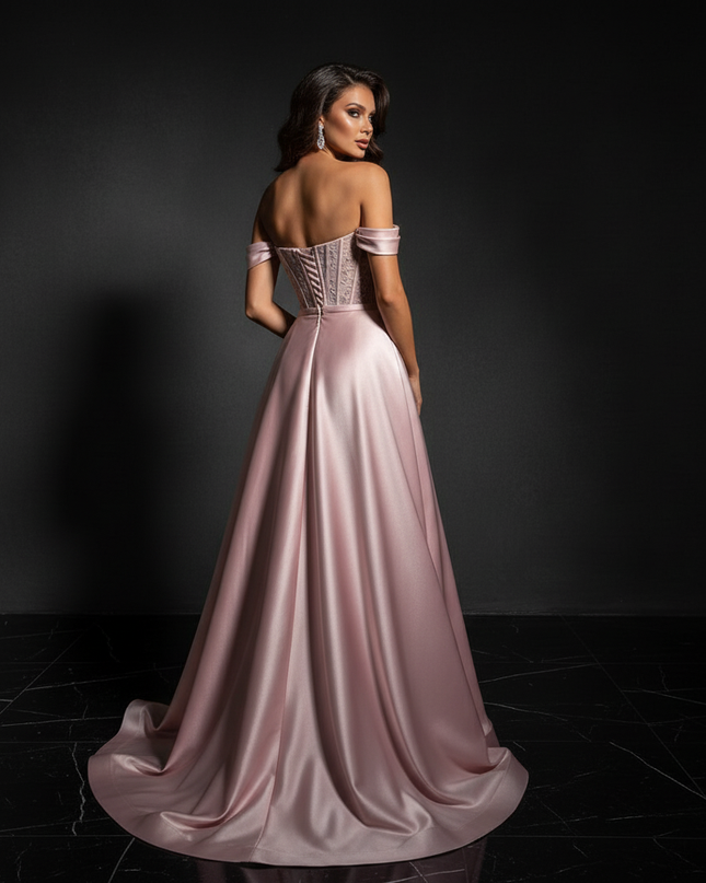 Satin Kleid Pink - Abendkleid Rosa Off-Shoulder Corsage A-Linie Satin - Ansicht 2