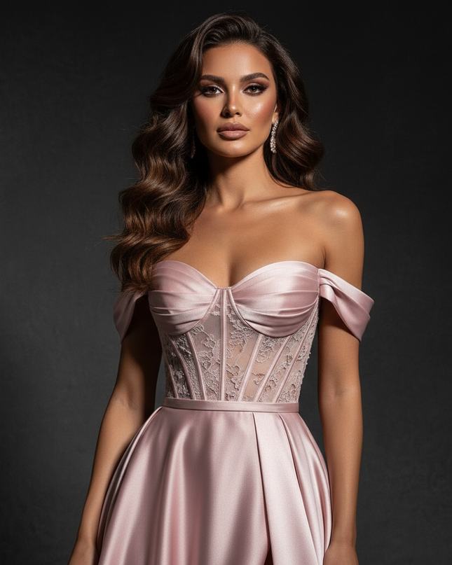 Satin Kleid Pink - Abendkleid Rosa Off-Shoulder Corsage A-Linie Satin - Ansicht 4