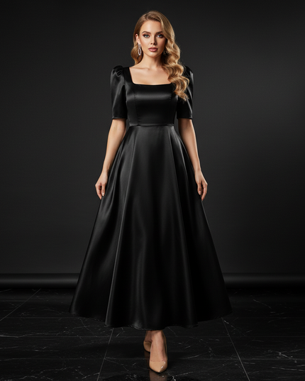 Satin Kleid - Satin Abendkleid Rosa - A-Linie Puffarmel elegant - Ansicht 1