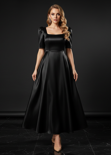 Satin Kleid - Satin Abendkleid Rosa - A-Linie Puffarmel elegant - Ansicht 1