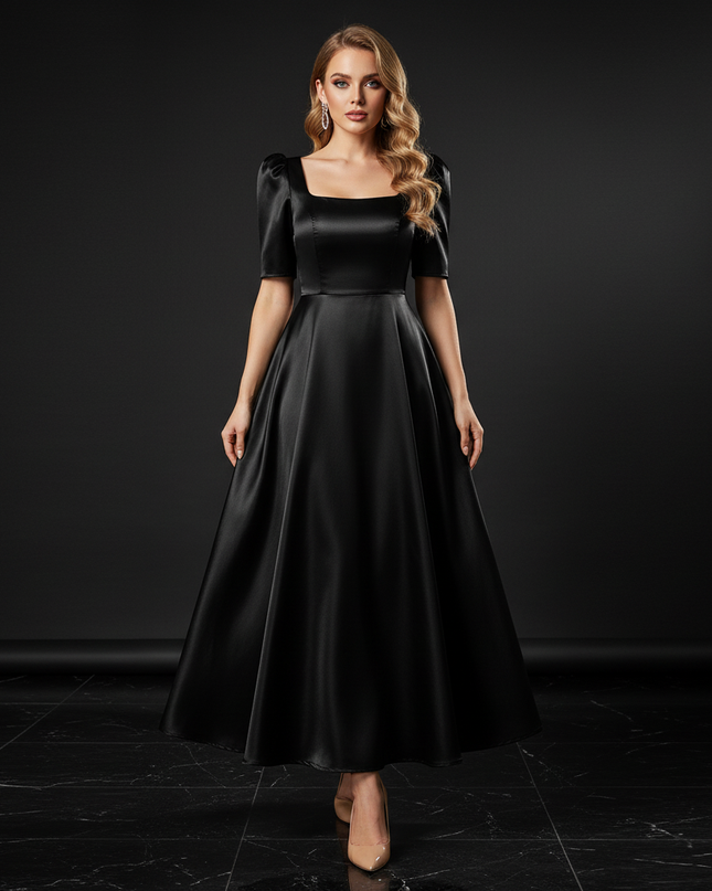 Satin Kleid - Satin Abendkleid Rosa - A-Linie Puffarmel elegant - Ansicht 1