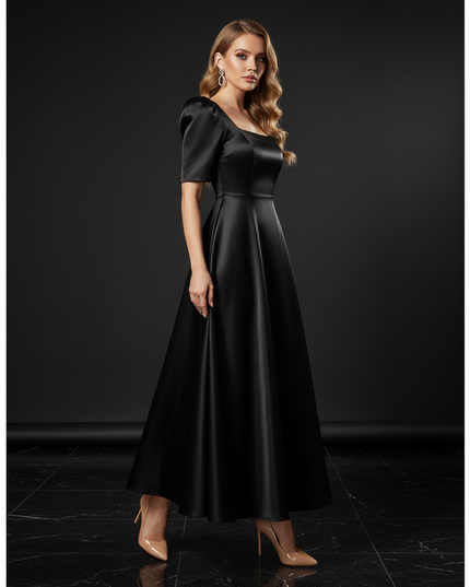 Satin Kleid - Satin Abendkleid Rosa - A-Linie Puffarmel elegant - Ansicht 3