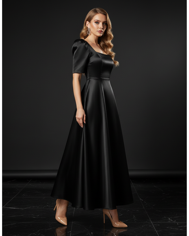 Satin Kleid - Satin Abendkleid Rosa - A-Linie Puffarmel elegant - Ansicht 3