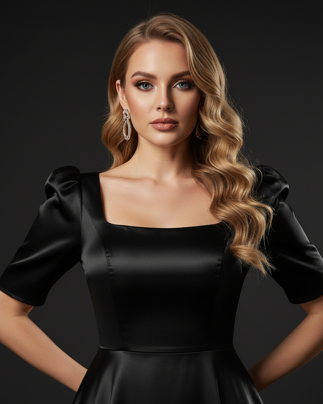 Satin Kleid - Satin Abendkleid Rosa - A-Linie Puffarmel elegant - Ansicht 4