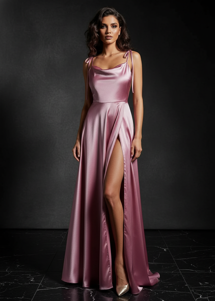 Satin Kleid - Satin Abendkleid Rubinrot - Cowl Neck lang Satin - Ansicht 1