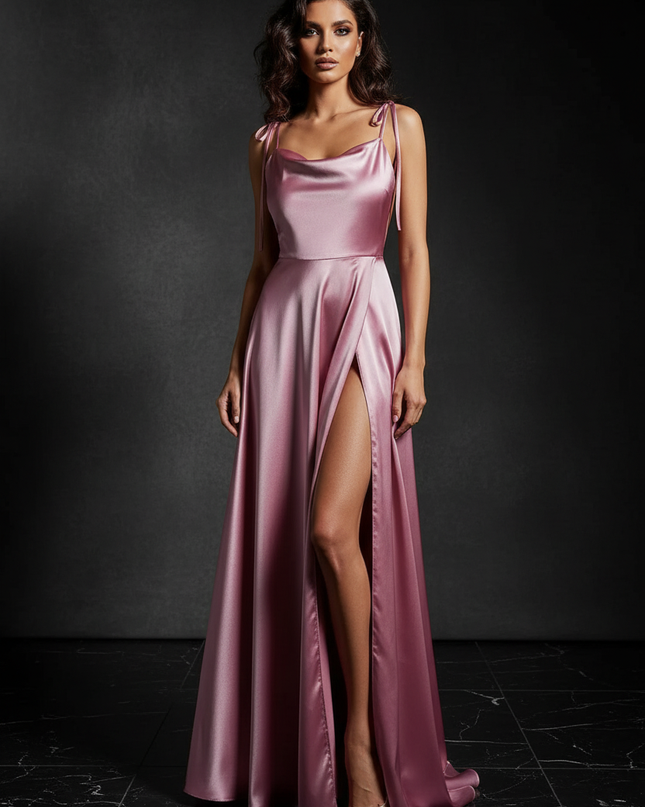 Satin Kleid - Satin Abendkleid Rubinrot - Cowl Neck lang Satin - Ansicht 1