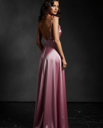 Satin Kleid - Satin Abendkleid Rubinrot - Cowl Neck lang Satin - Ansicht 2