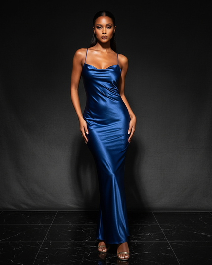 Satin Kleid - Satin Abendkleid Rueckenfrei Blau - Spaghetti-Traeger Lang - Ansicht 1