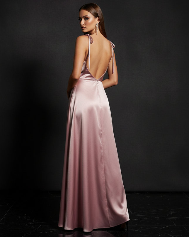 Satin Kleid - Satin Abendkleid Rueckenfrei Rosa - Cowl Neck - Ansicht 2