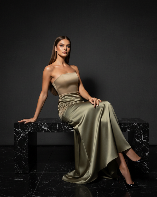 Satin Kleid - Satin Abendkleid Rueckenfrei - Off-Shoulder Corsage - Ansicht 5