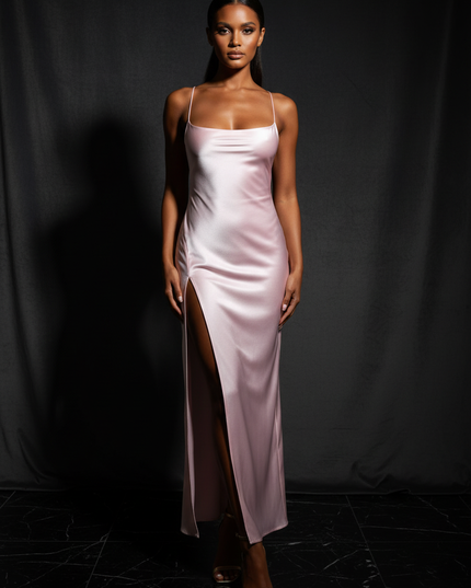 Satin Kleid - Satin Abendkleid Schlicht Rosa - Bodycon mit Schlitz - Ansicht 1