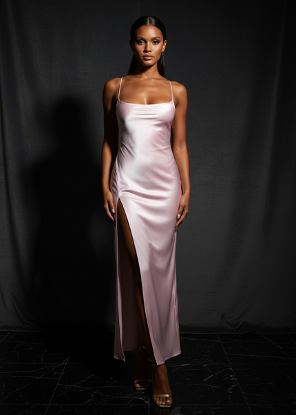 Satin Kleid - Satin Abendkleid Schlicht Rosa - Bodycon mit Schlitz - Ansicht 1