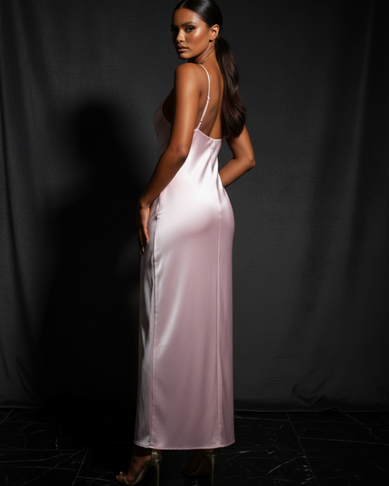 Satin Kleid - Satin Abendkleid Schlicht Rosa - Bodycon mit Schlitz - Ansicht 2