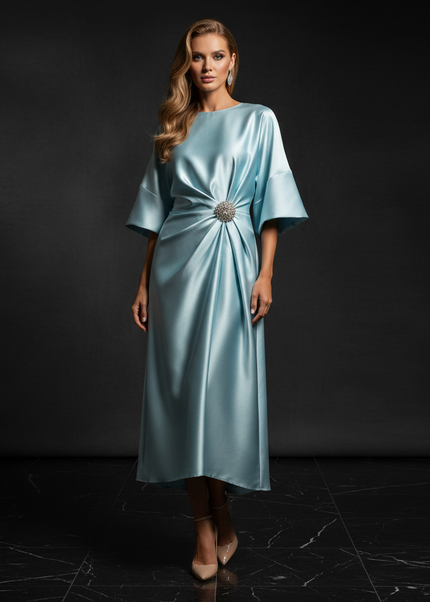Satin Kleid - Satin Abendkleid Schlicht Hellblau - Halbarm Midi - Ansicht 1