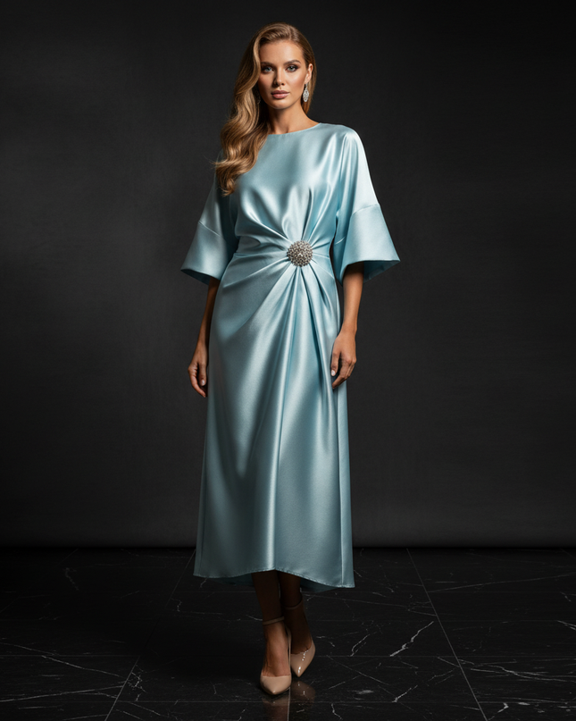 Satin Kleid - Satin Abendkleid Schlicht Hellblau - Halbarm Midi - Ansicht 1