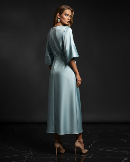 Satin Kleid - Satin Abendkleid Schlicht Hellblau - Halbarm Midi - Ansicht 2