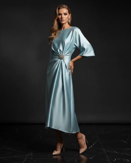 Satin Kleid - Satin Abendkleid Schlicht Hellblau - Halbarm Midi - Ansicht 3