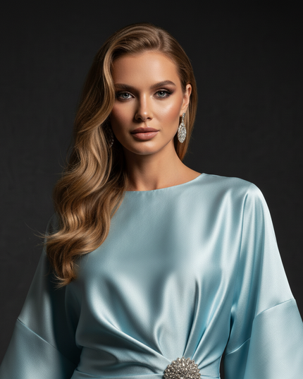 Satin Kleid - Satin Abendkleid Schlicht Hellblau - Halbarm Midi - Ansicht 4