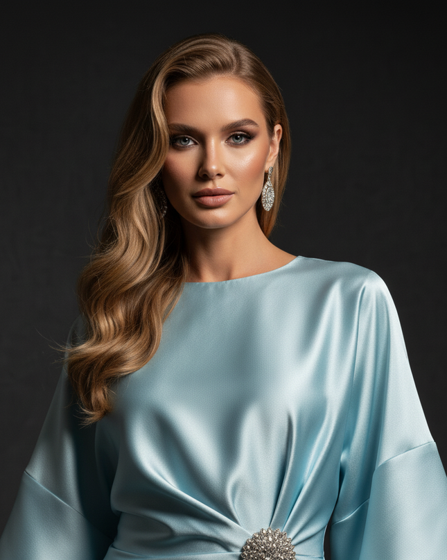 Satin Kleid - Satin Abendkleid Schlicht Hellblau - Halbarm Midi - Ansicht 4