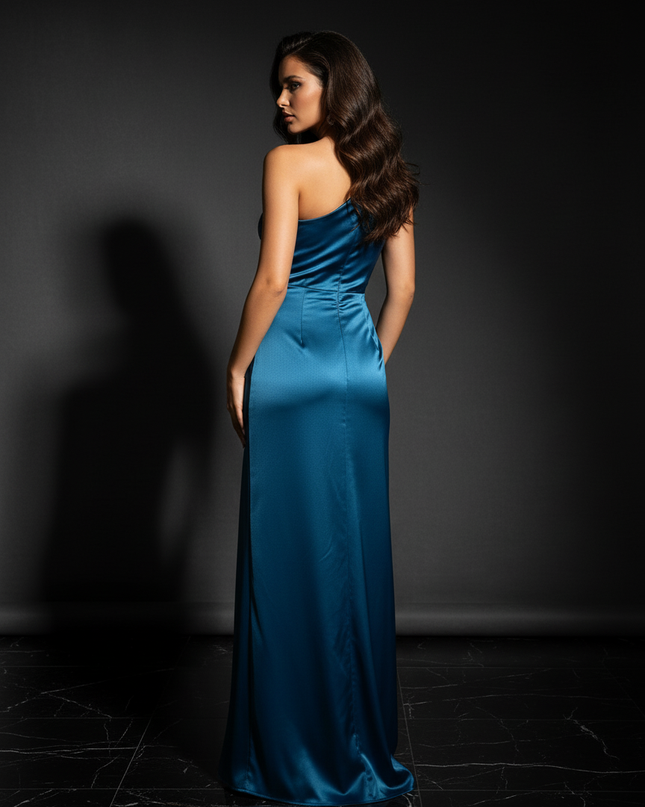 Satin Kleid - Satin Abendkleid Schlitz Blau - One-Shoulder Elegant - Ansicht 2
