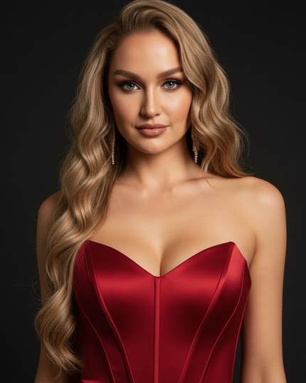 Satin Kleid - Satin Abendkleid Schlitz Bordeaux - Off-Shoulder Corsage - Ansicht 4