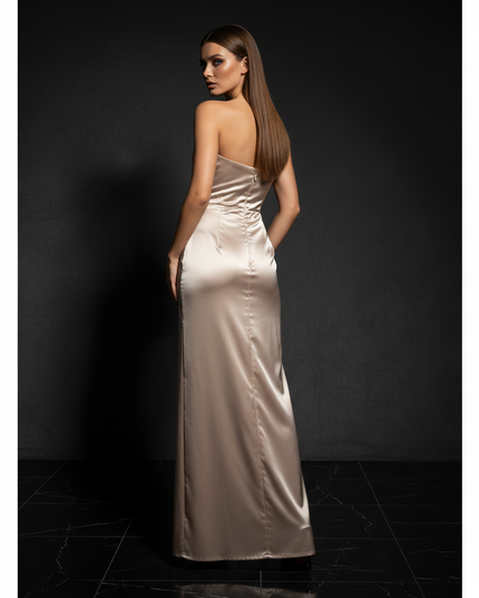 Satin Kleid - Satin Abendkleid Schlitz Elegant - Champagne One-Shoulder - Ansicht 2