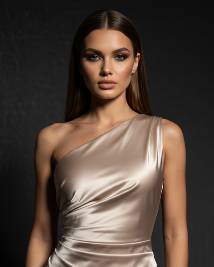 Satin Kleid - Satin Abendkleid Schlitz Elegant - Champagne One-Shoulder - Ansicht 4