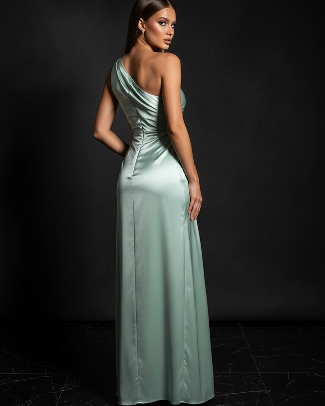 Satin Kleid - Satin Abendkleid Schlitz Gruen - One-Shoulder - Ansicht 2
