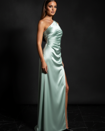 Satin Kleid - Satin Abendkleid Schlitz Gruen - One-Shoulder - Ansicht 3