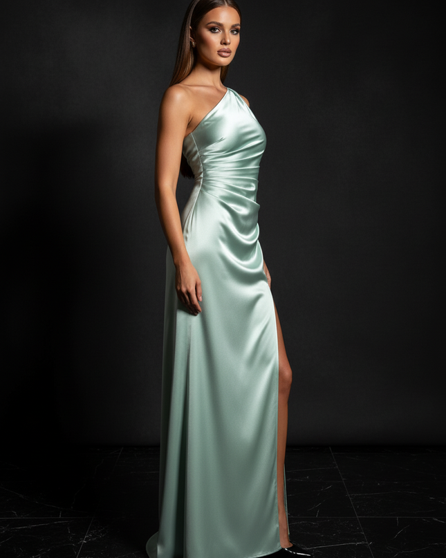 Satin Kleid - Satin Abendkleid Schlitz Gruen - One-Shoulder - Ansicht 3