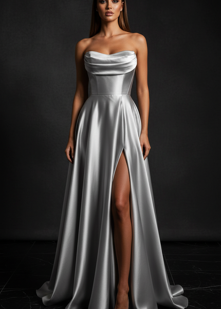 Satin Kleid - Satin Abendkleid Schlitz Lang Silber - Corsage Formal - Ansicht 1