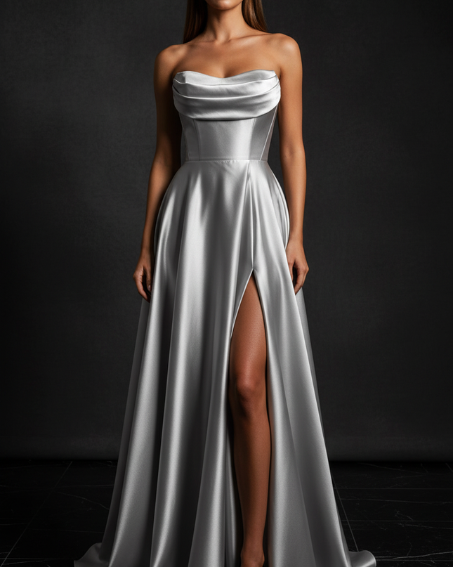 Satin Kleid - Satin Abendkleid Schlitz Lang Silber - Corsage Formal - Ansicht 1