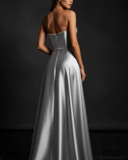 Satin Kleid - Satin Abendkleid Schlitz Lang Silber - Corsage Formal - Ansicht 2