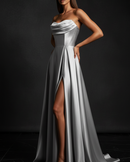 Satin Kleid - Satin Abendkleid Schlitz Lang Silber - Corsage Formal - Ansicht 3