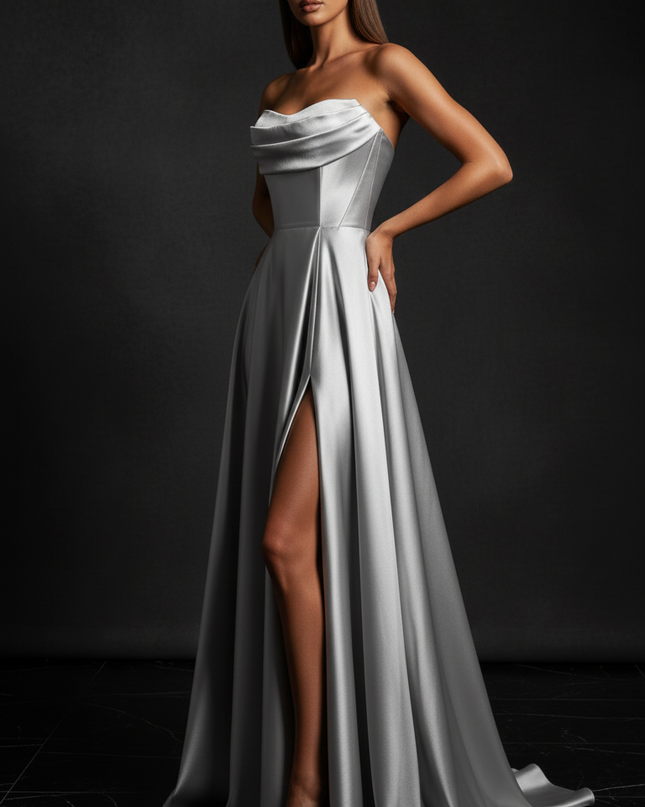 Satin Kleid - Satin Abendkleid Schlitz Lang Silber - Corsage Formal - Ansicht 3