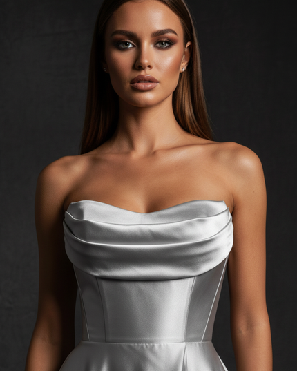 Satin Kleid - Satin Abendkleid Schlitz Lang Silber - Corsage Formal - Ansicht 4