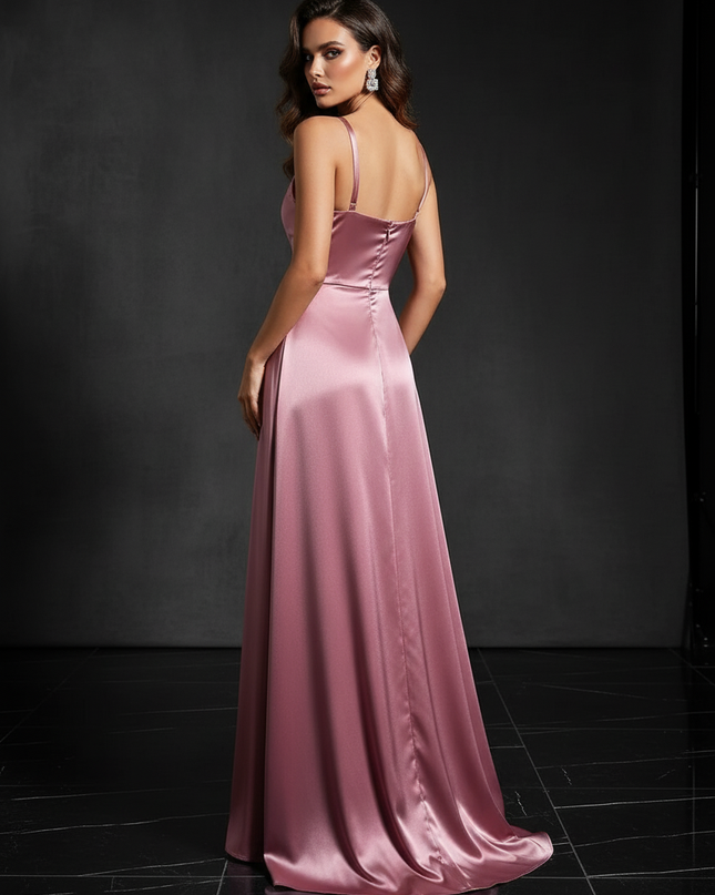 Satin Kleid - Satin Abendkleid Schlitz Rosa - Cowl Neck lang - Ansicht 2
