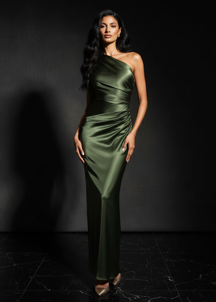 Satin Kleid - Satin Abendkleid Schlitz Rot - One-Shoulder Maxi - Ansicht 1