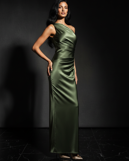 Satin Kleid - Satin Abendkleid Schlitz Rot - One-Shoulder Maxi - Ansicht 3