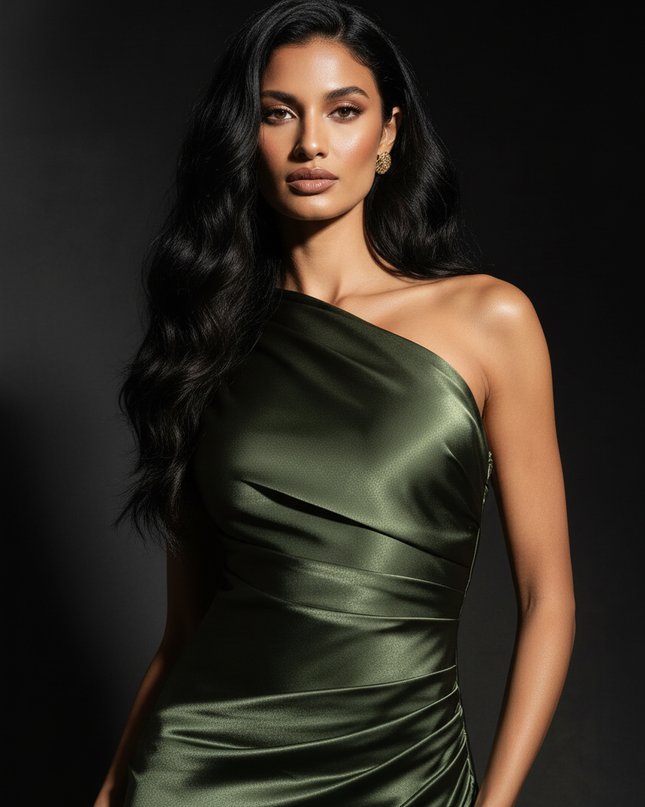 Satin Kleid - Satin Abendkleid Schlitz Rot - One-Shoulder Maxi - Ansicht 4