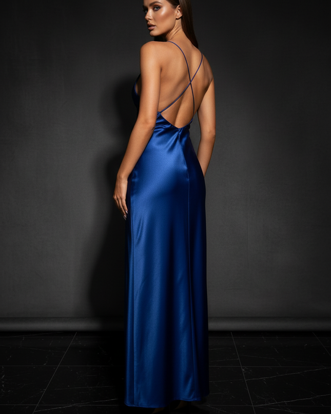 Satin Kleid - Satin Abendkleid Schlitz Blau - Lace-Up Rueckenfrei Lang - Ansicht 2