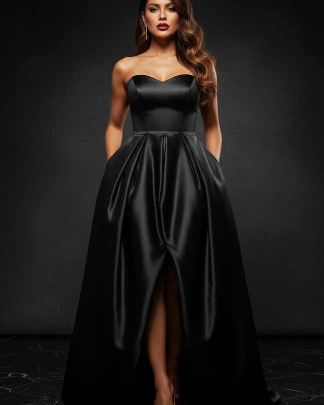 Satin Kleid Black - Abendkleid Schwarz Traegerlos Plus Size Satin Split - Ansicht 1